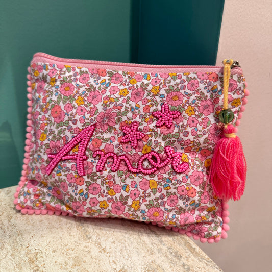 Amor Pink Cotton Beaded Pouch