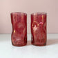 Vintage Set of 2 Hand Blown Crackled Cranberry "Pinched" Glass Water Glasses