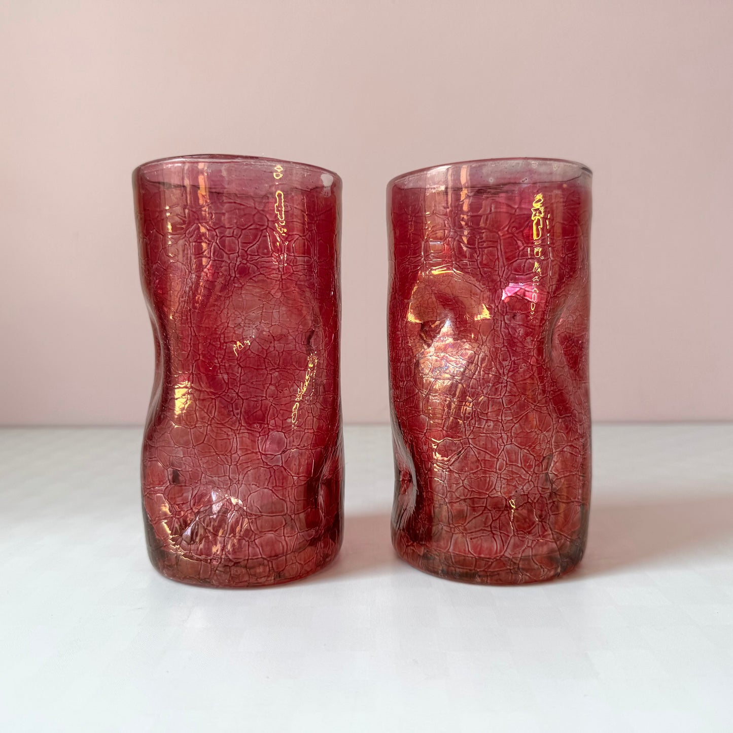 Vintage Set of 2 Hand Blown Crackled Cranberry "Pinched" Glass Water Glasses