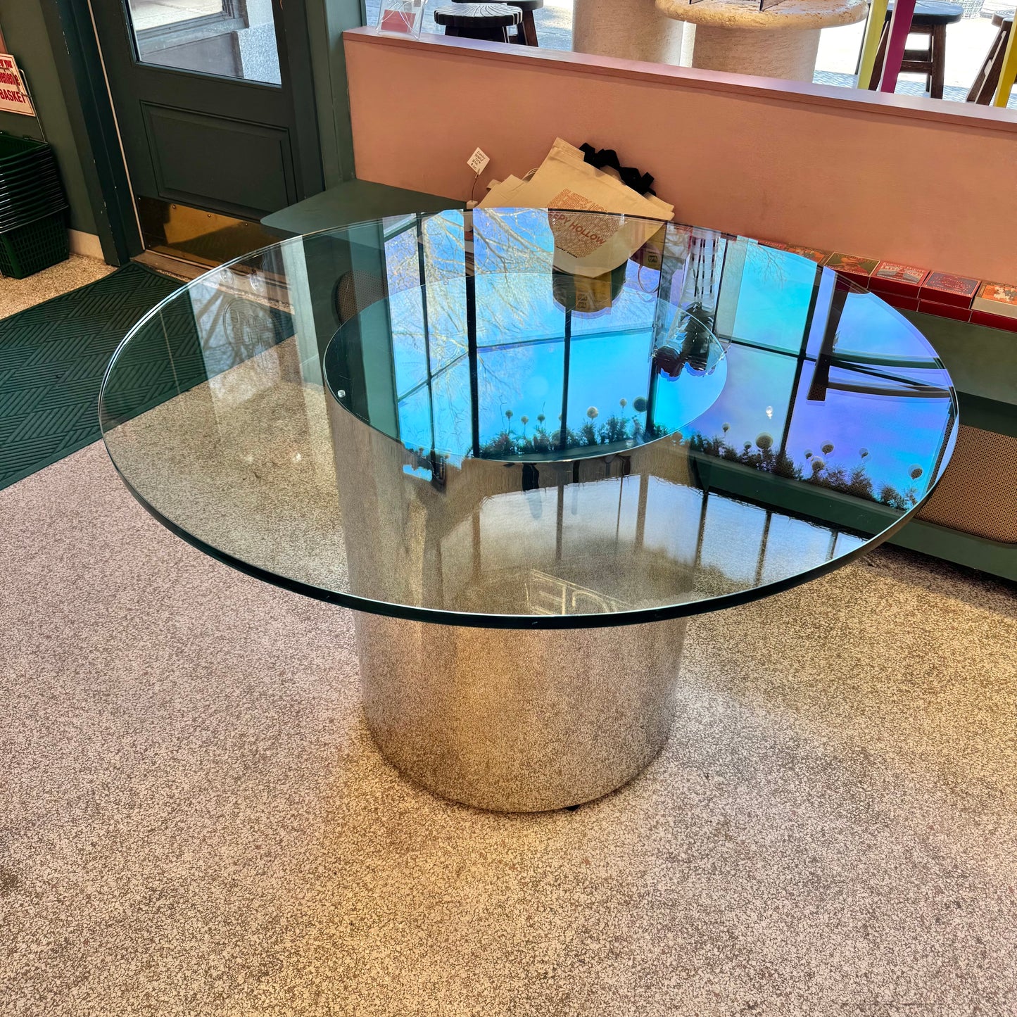 Vintage 1970’s Paul Mayan Style Circular Glass and Chrome Base Dining Table