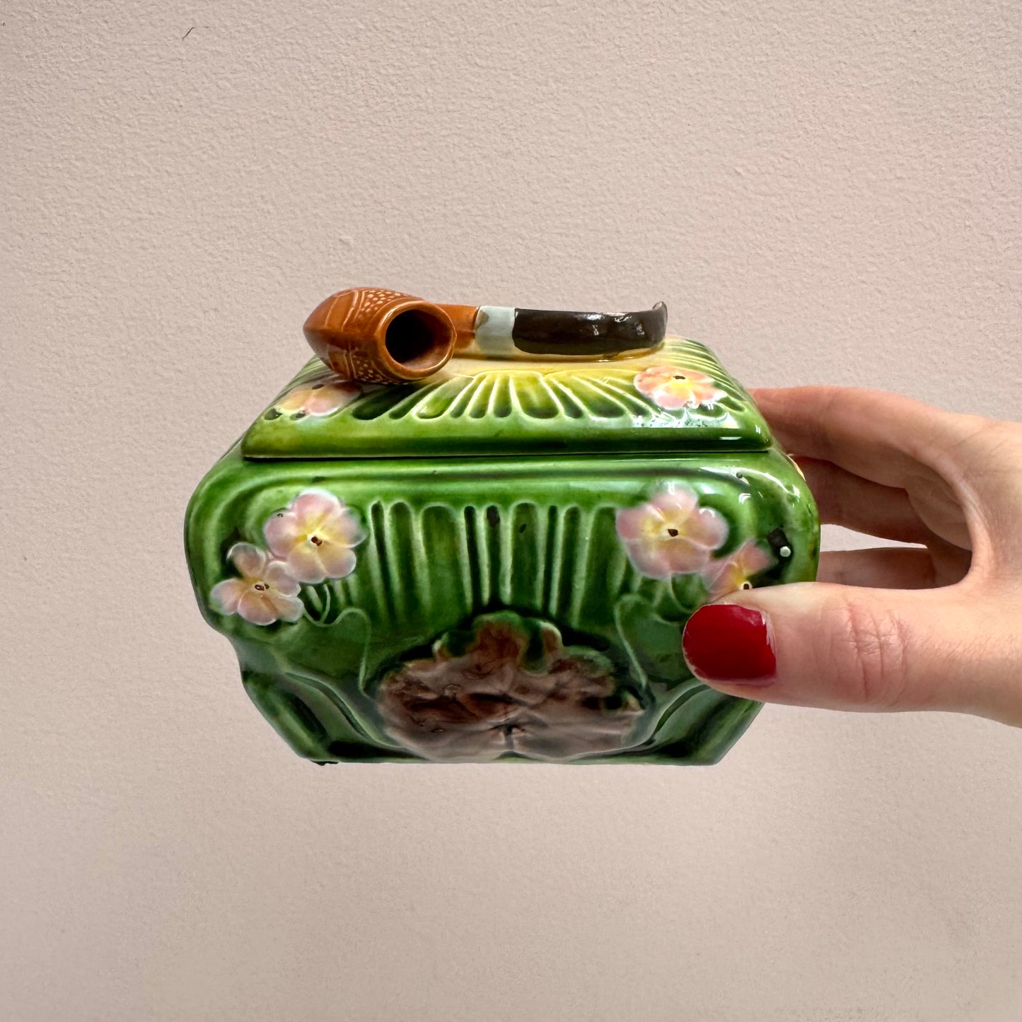 Antique Green Majolica Pipe Lidded Box