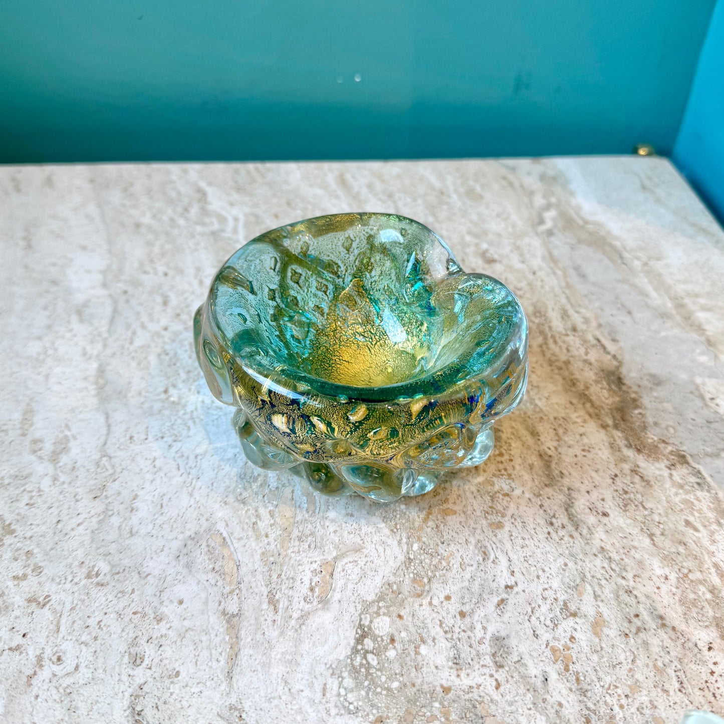 Chunky Vintage Blue and Gold Murano Glass Ashtray