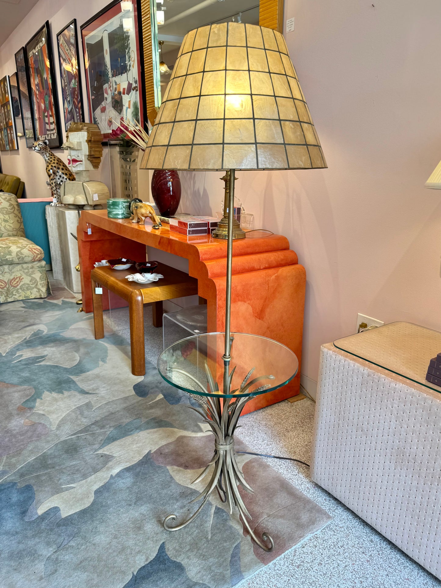 Vintage Capiz Shell Floor Lamp with Sheaf of Wheat Table