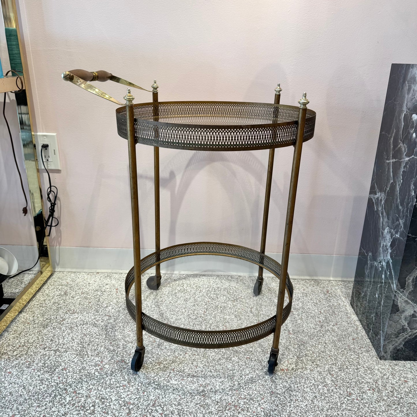Vintage Mid Century Round Brass and Glass Rolling Bar Cart