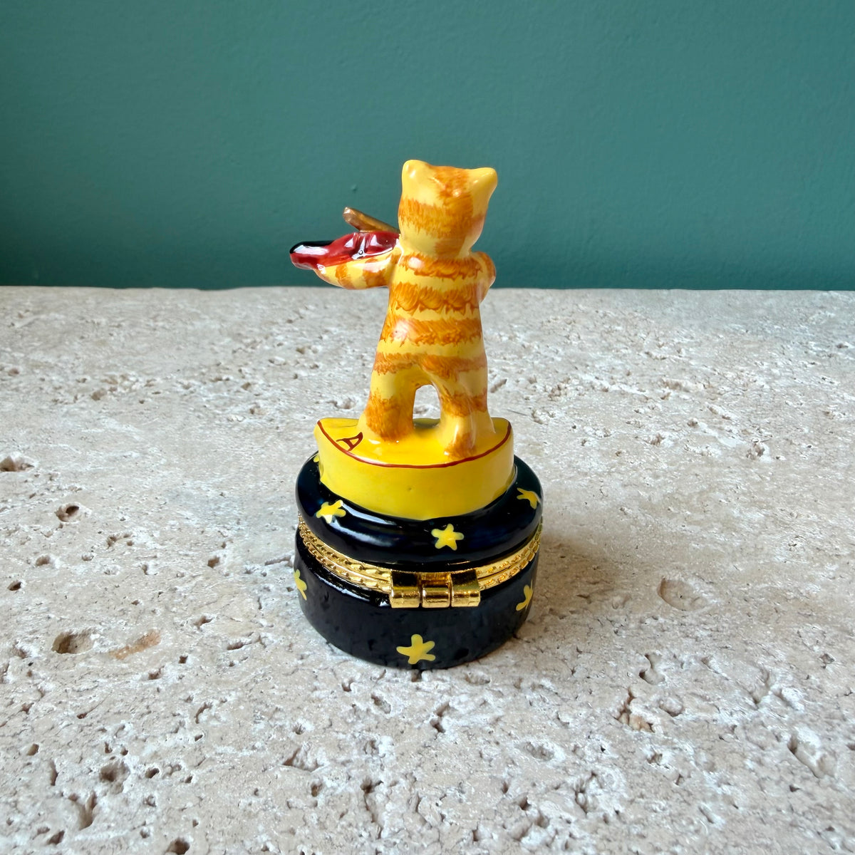 Cat Playing Fiddle Hand Painted Ceramic Trinket Box