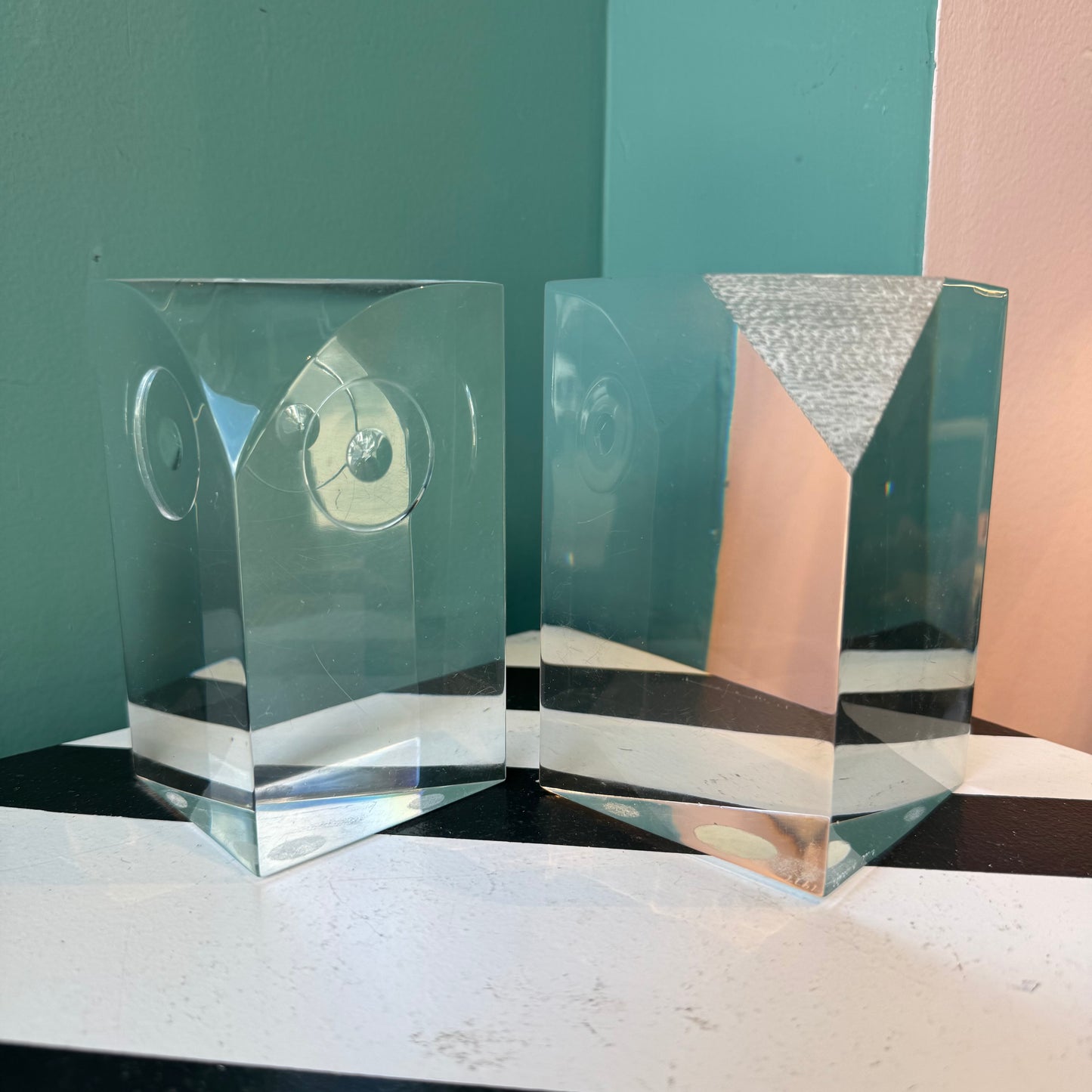Pair of Vintage Lucite Owl Triangular Block Bookends by Will Hardy