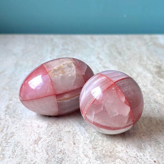 Vintage Set of Rose Quartz Egg and Ball Paperweights