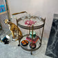Vintage Mid Century Round Brass and Glass Rolling Bar Cart