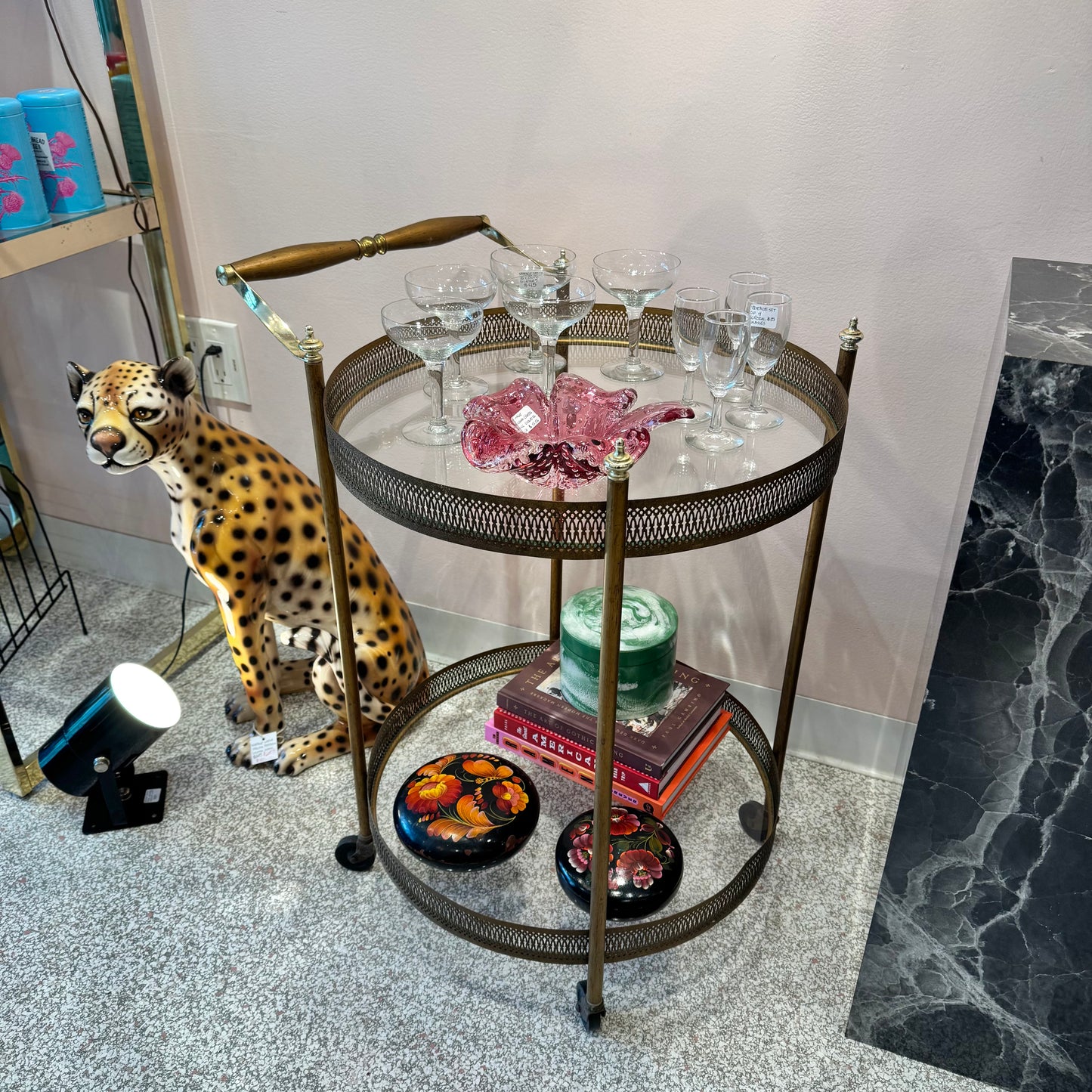 Vintage Mid Century Round Brass and Glass Rolling Bar Cart