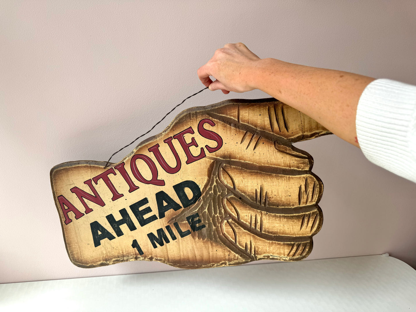 Vintage “Antiques Ahead 1 Mile” Pointing Hand Sign