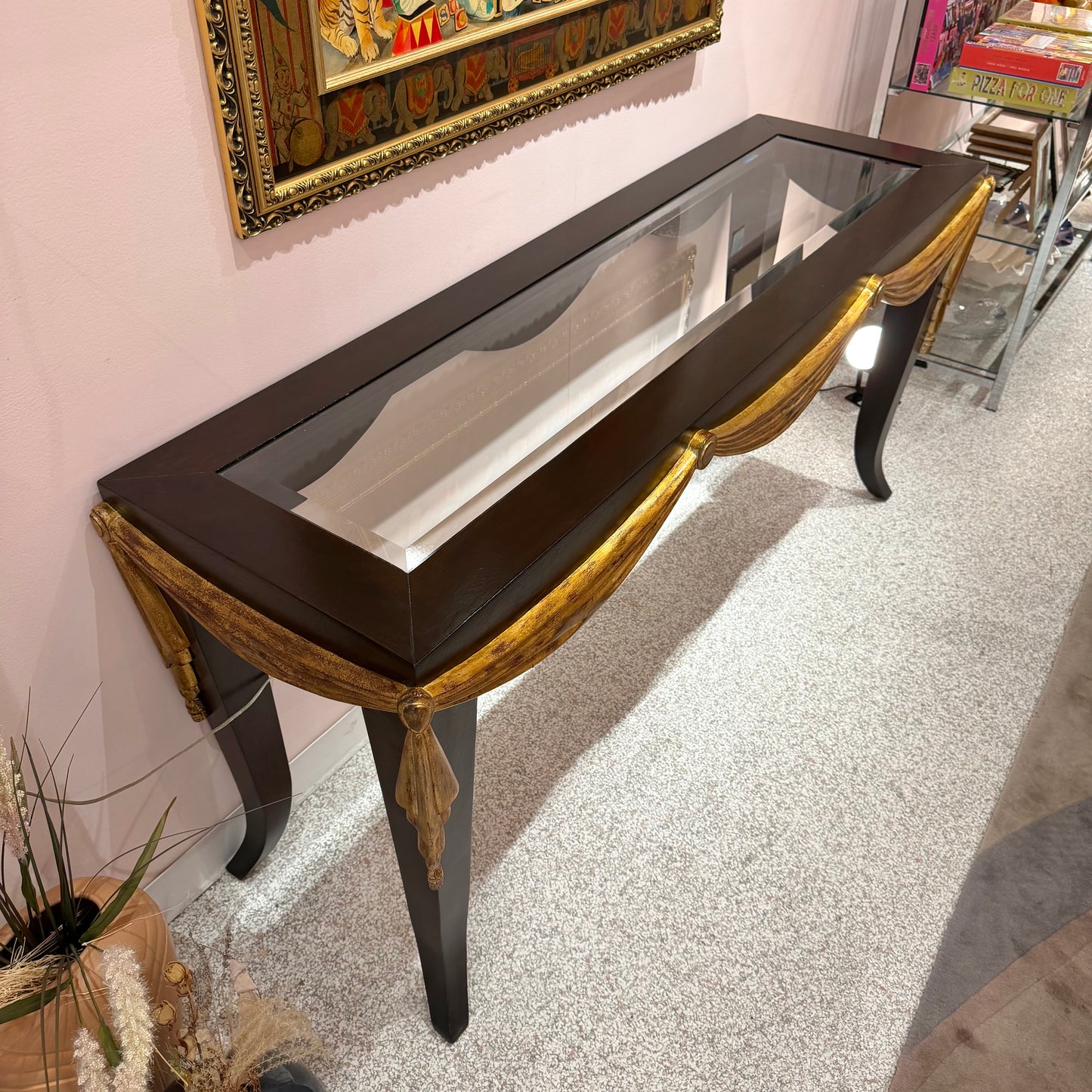 Vintage Dark Wood Console with Gold Gilt Draped Valance Detail