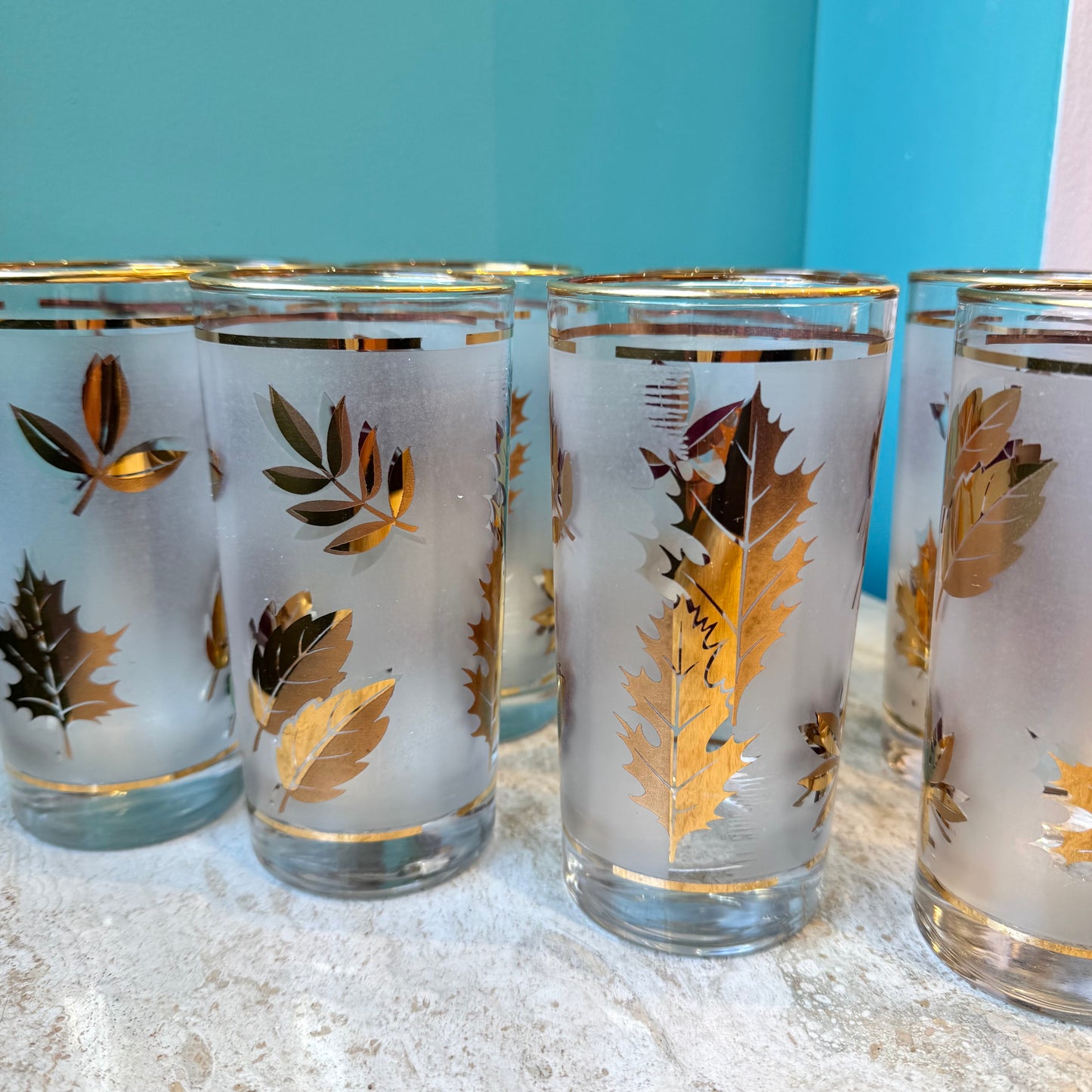 Set of 8 Mid Century Frosted Gold Leaf Drinking Glasses