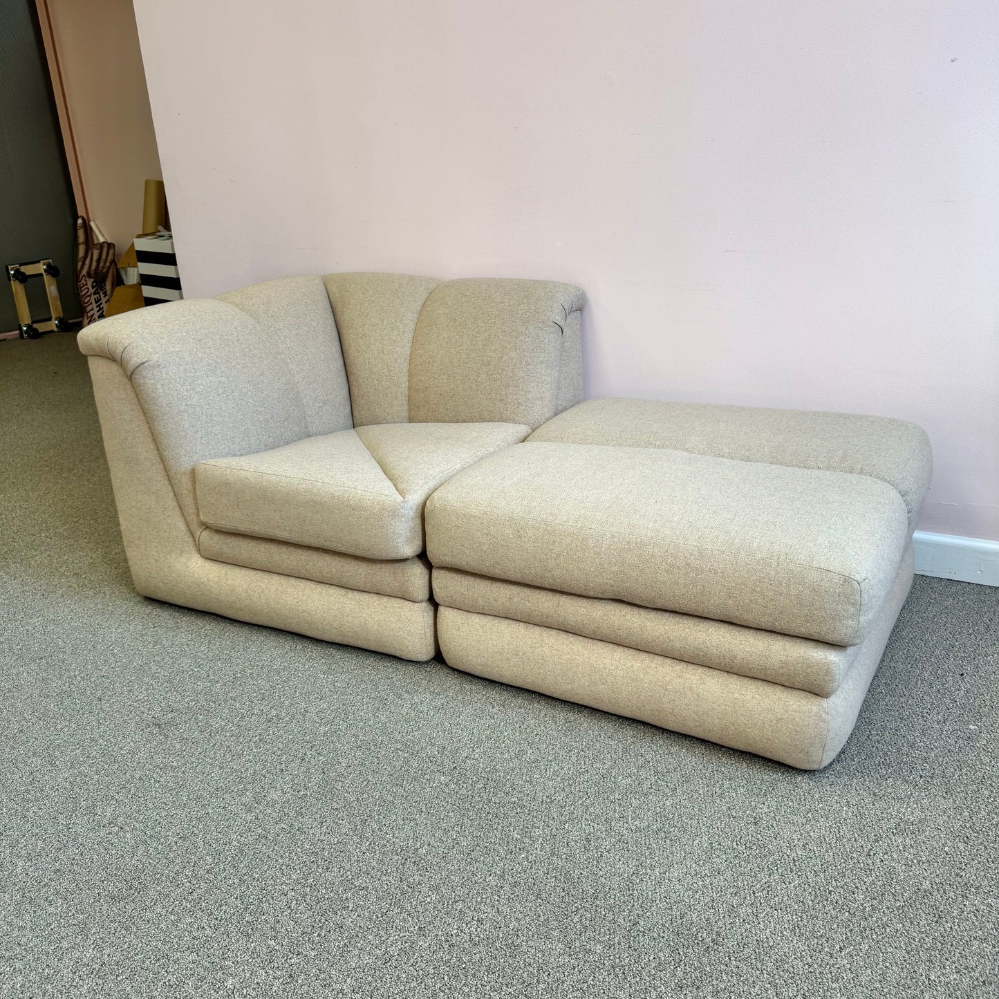 Vintage Soft Beige Tweed Chair & Ottoman