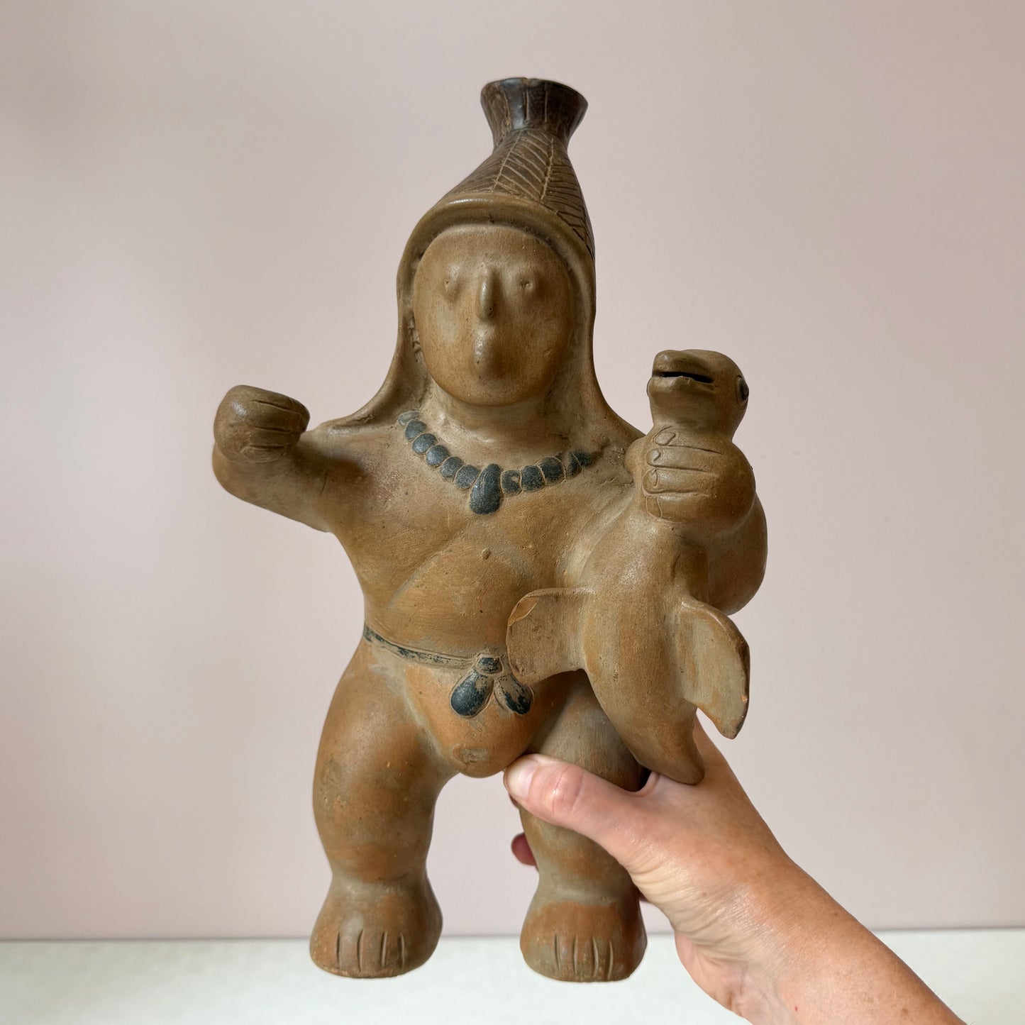 Vintage Mid-Century Aztec Style 'Warrior/Hunter Holding Bird' Clay Pottery Vase