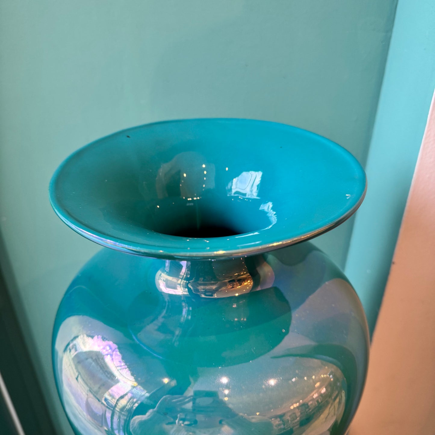 Vintage Large Teal Pearlescent Flower Vase