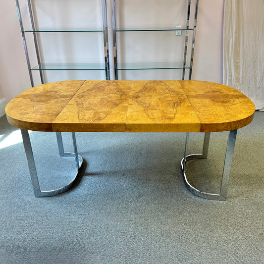 Vintage Milo Baughman Style Extendable Oval Burl and Chrome Dining Table