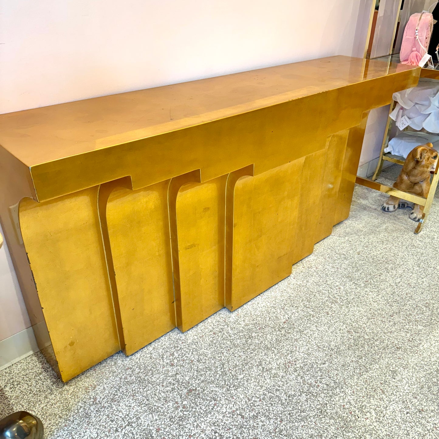 Karl Springer Style Gold Leaf Stepped Console Table