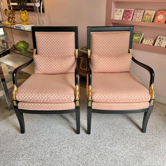 Vintage Ebonized Regency Arm Chair with Pink Lattice Upholstery and Gold Gilt Detail/item