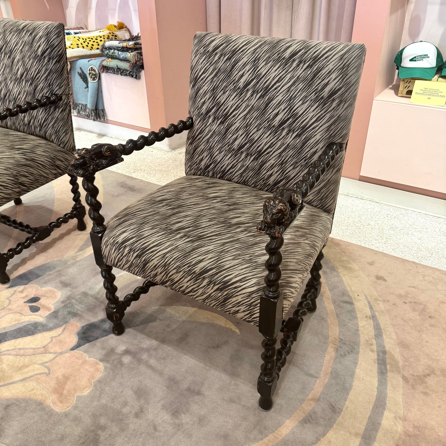 Antique Lions Head Barley Twist Suede Chair/item