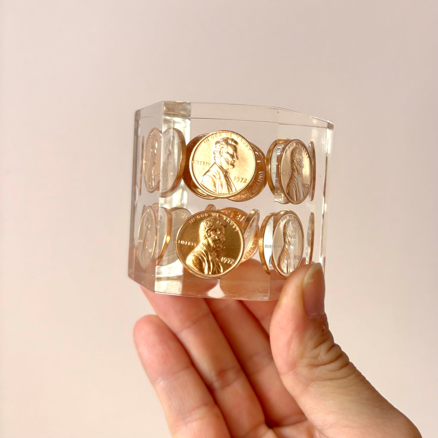 Vintage 1972 Hexagonal Lucite Penny Paperweight