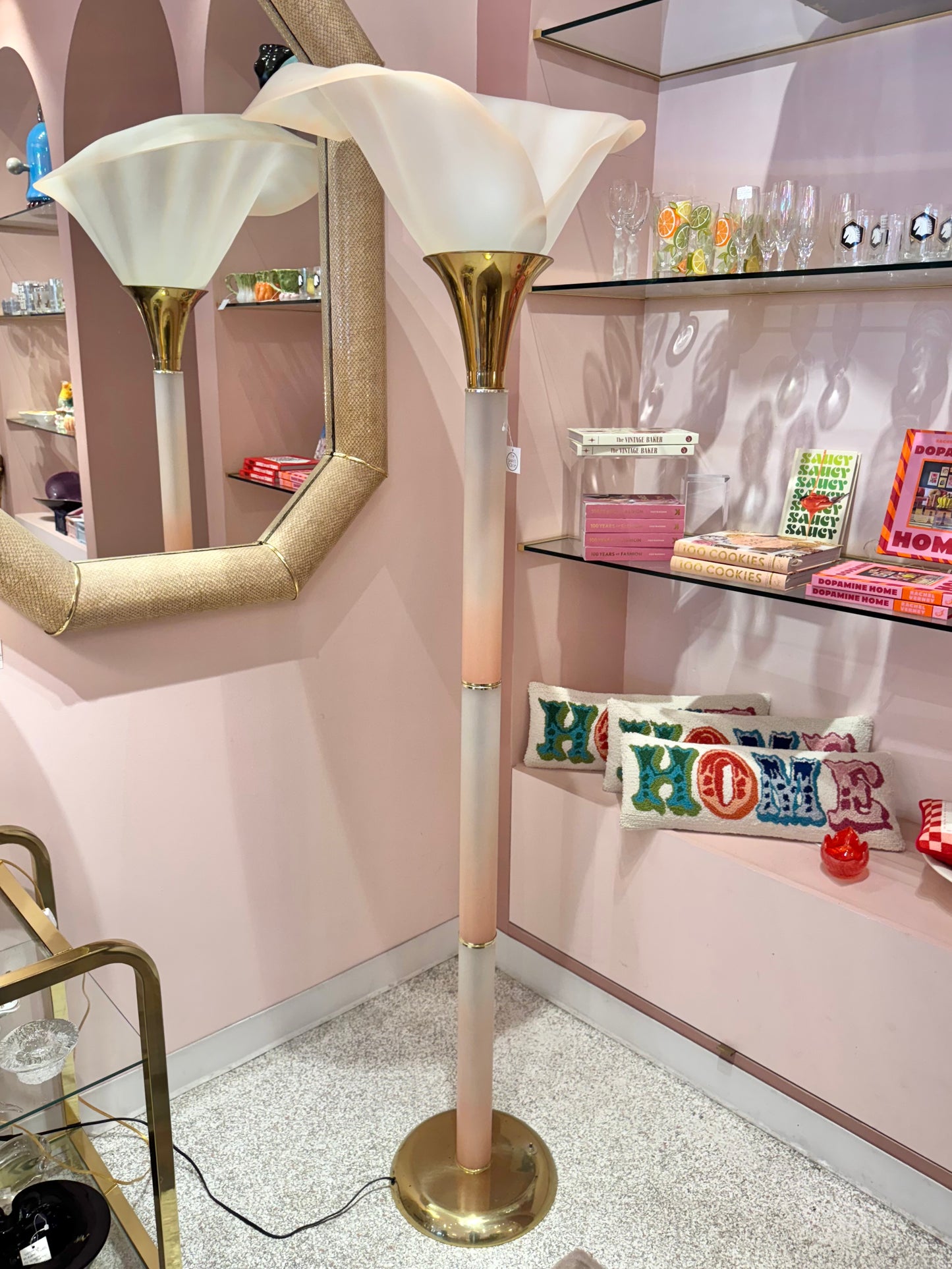 Vintage Pink Lucite Floor Lamp with Large Calla Lily Flower Shade