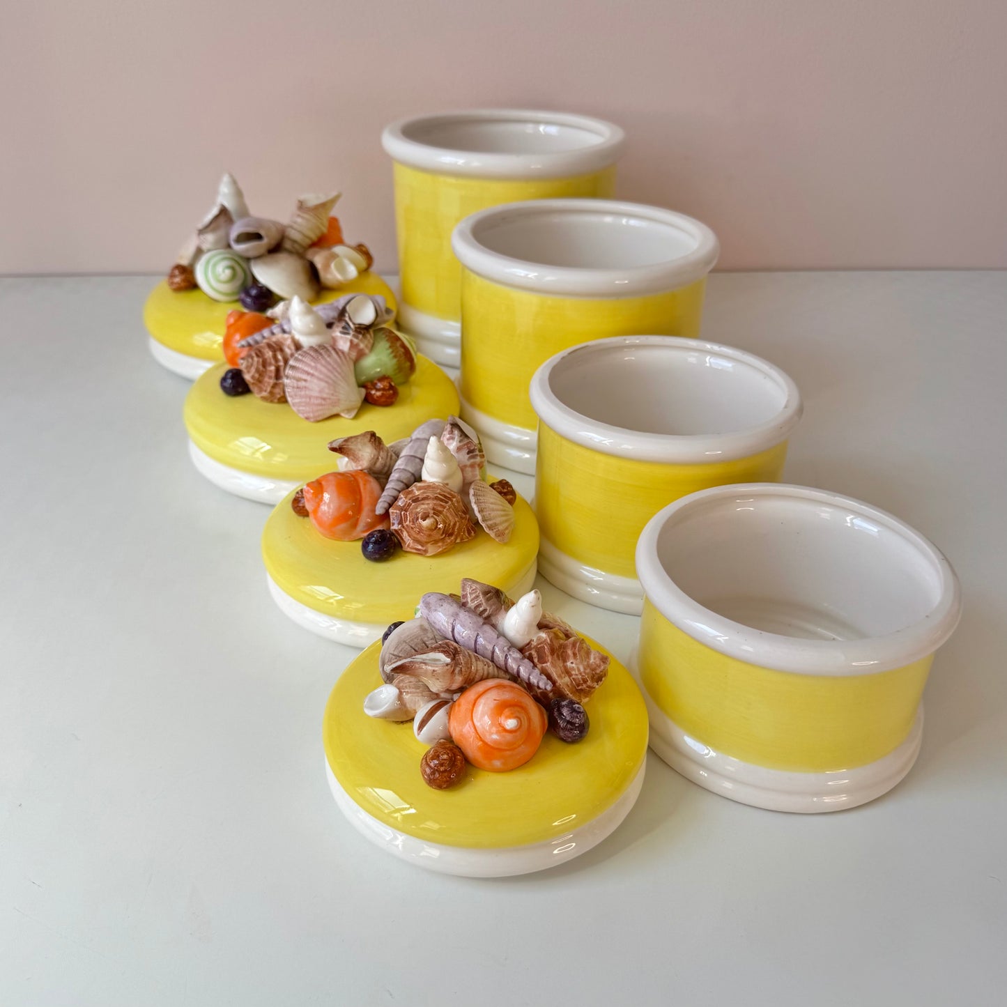 Vintage Set of 4 Seymour Mann Yellow Ceramic Shell Canisters (as is)