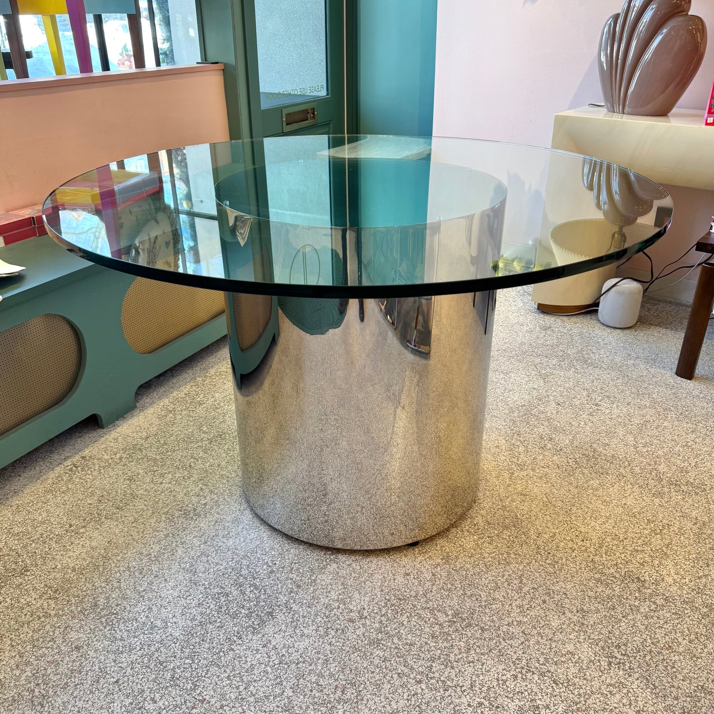 Vintage 1970’s Paul Mayan Style Circular Glass and Chrome Base Dining Table