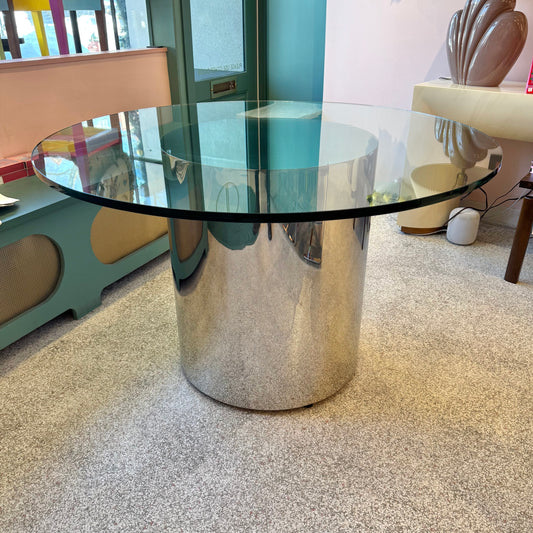 Vintage 1970’s Paul Mayan Style Circular Glass and Chrome Base Dining Table