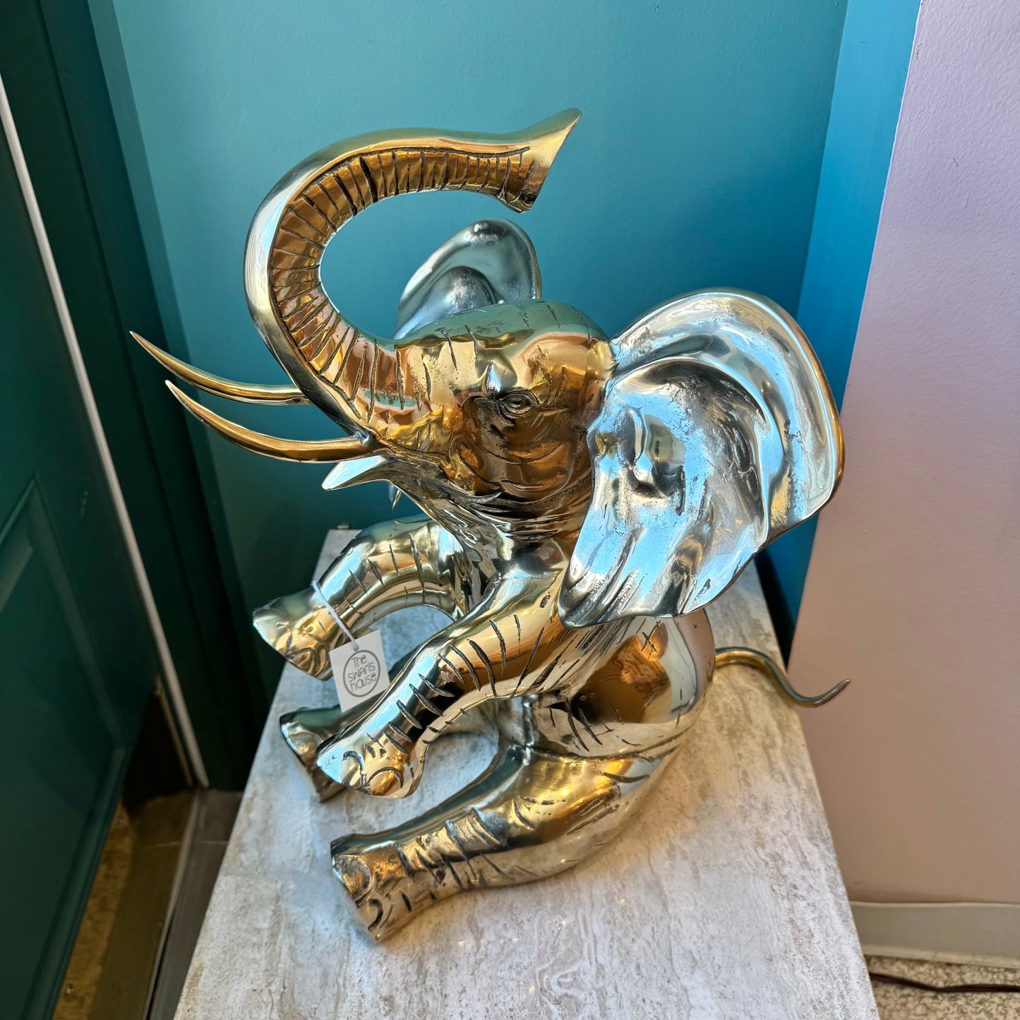 Vintage Extra Large Brass Seated Elephant