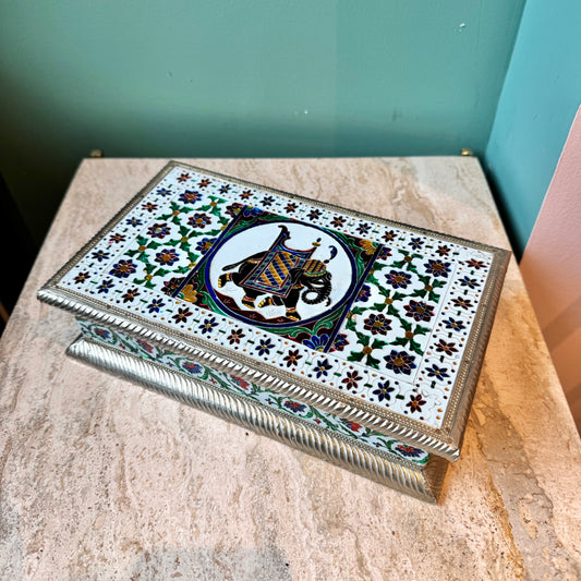 Vintage Enamel and Silver Tone Elephant Jewelry Box