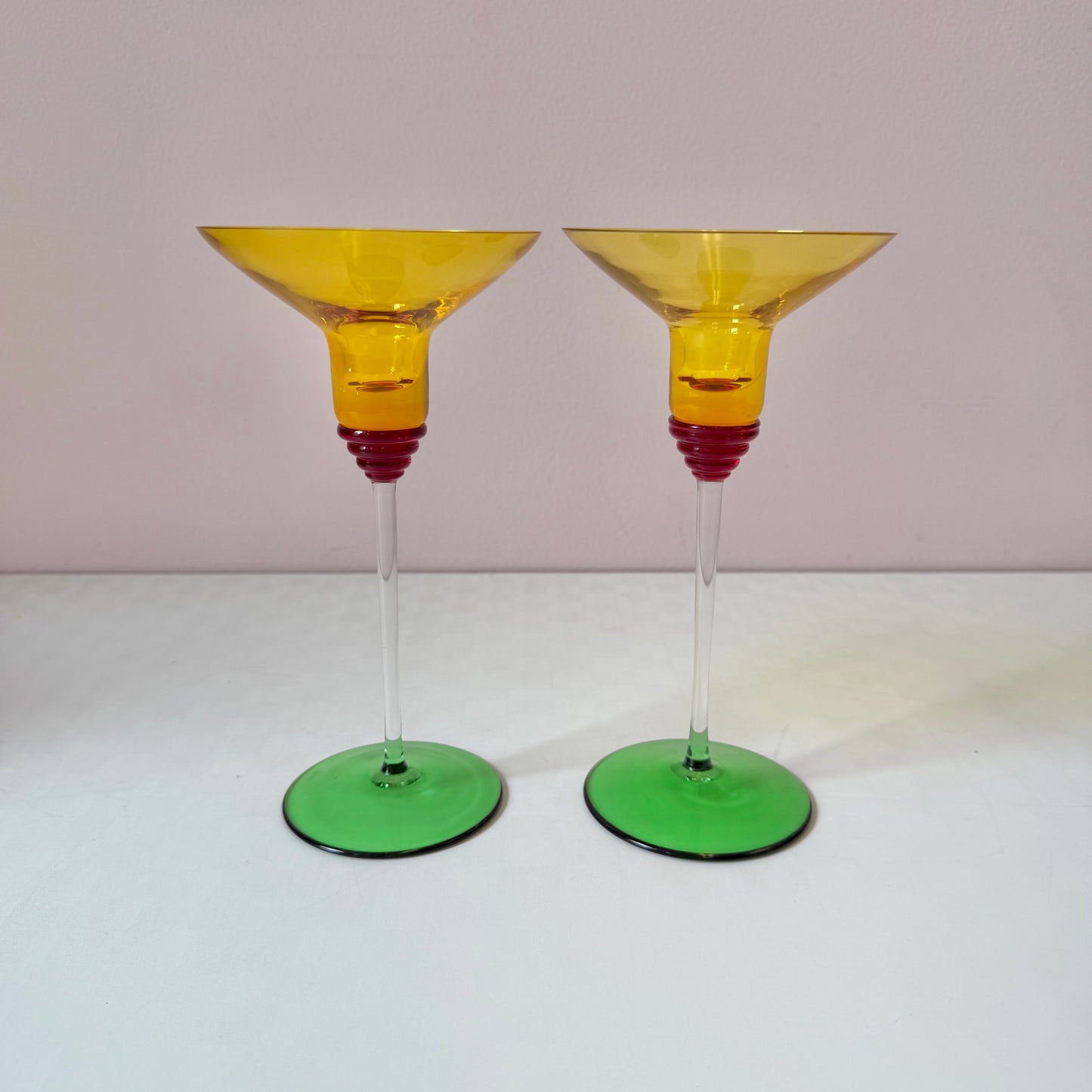 Pair of Vintage Memphis Style Glass Candle Holders 8"