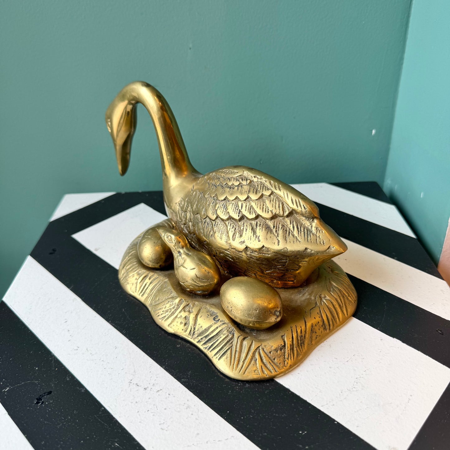 Vintage Brass Duck With Chick and Eggs