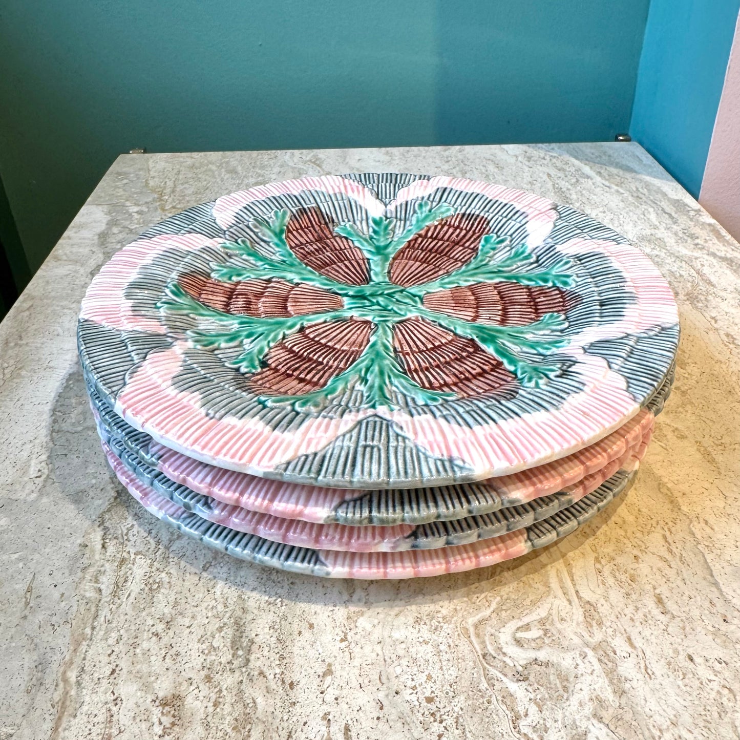 Antique Set of 4 Majolica Shell & Seaweed Appetizer Plates