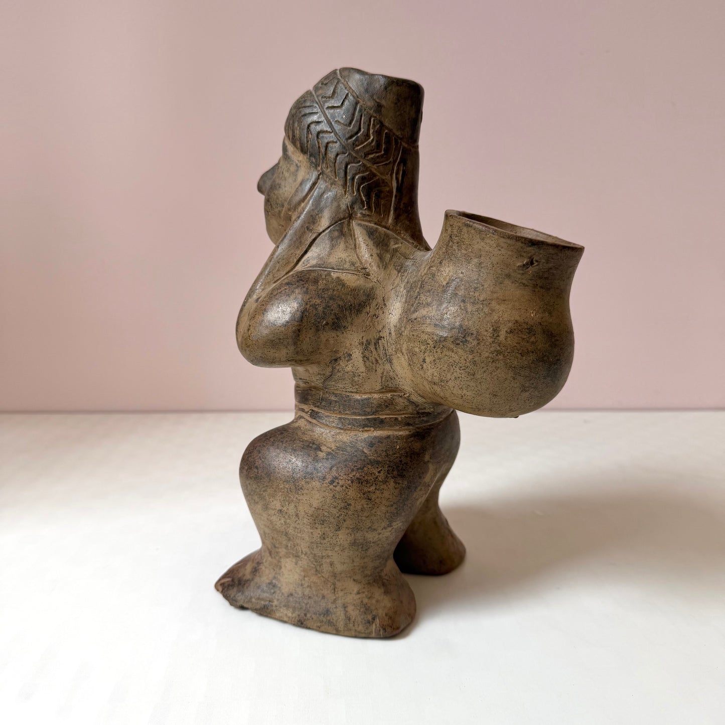 Vintage Mid-Century Aztec-Style 'Figure Carrying a Basket' Clay Pottery Planter (as is)