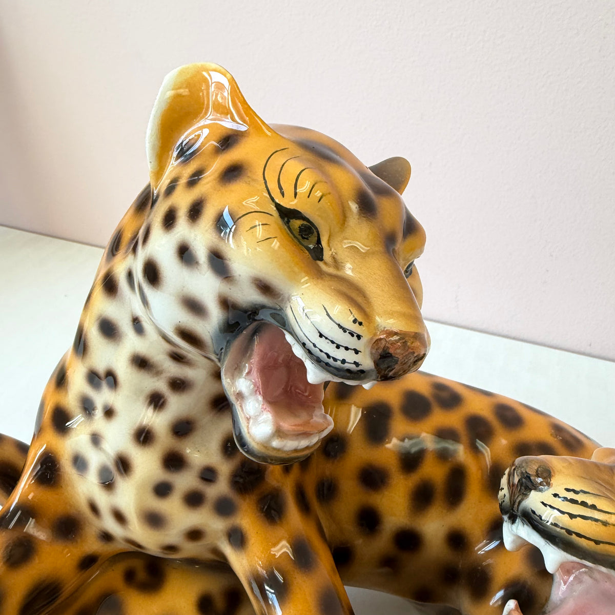 Vintage Mid-Century Ceramic Fighting Leopards Sculpture (as is)
