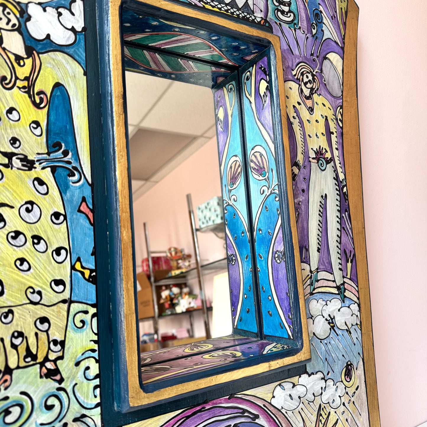 Vintage Hand Painted Whimsical Illustration Art Mirror