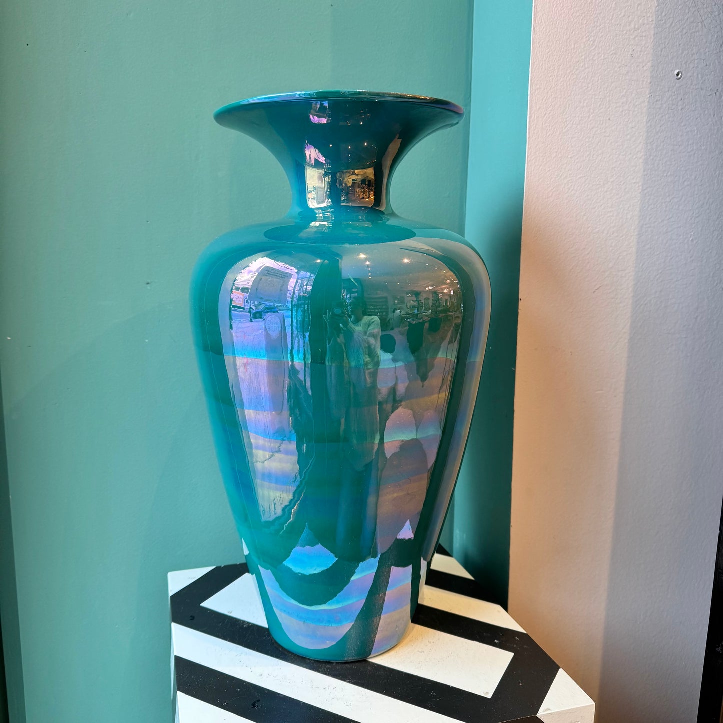 Vintage Large Teal Pearlescent Flower Vase