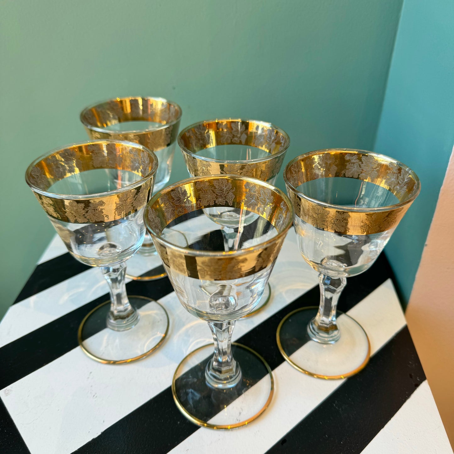 Set of 5 Mid Century Cera Style Gold Grape and Vine Apertif Glasses