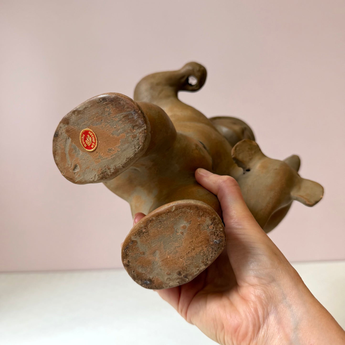 Vintage Mid-Century Aztec Style 'Warrior/Hunter Holding Bird' Clay Pottery Vase