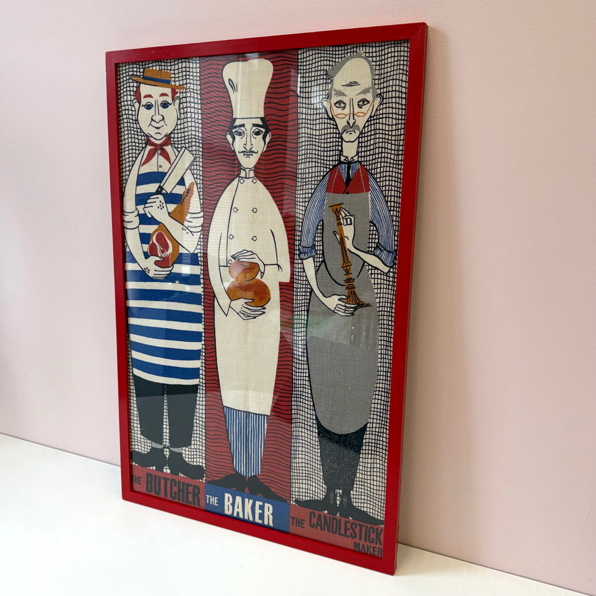 Vintage Framed "The Butcher, The Baker, The Candlestick Maker" Irish Linen Artwork