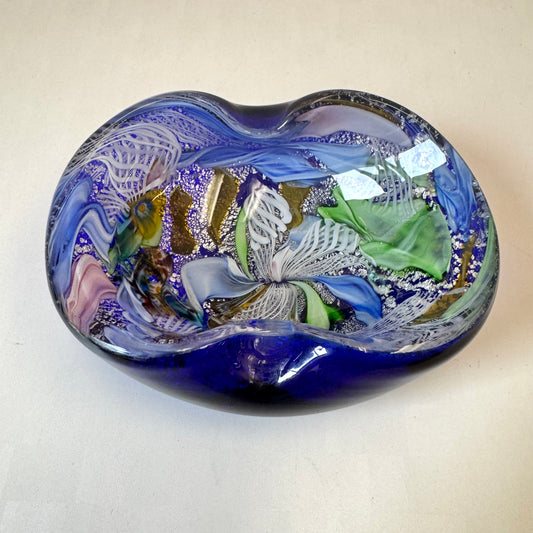 Vintage AVEM Style Blue Murano Glass Tutti Frutti Ashtray