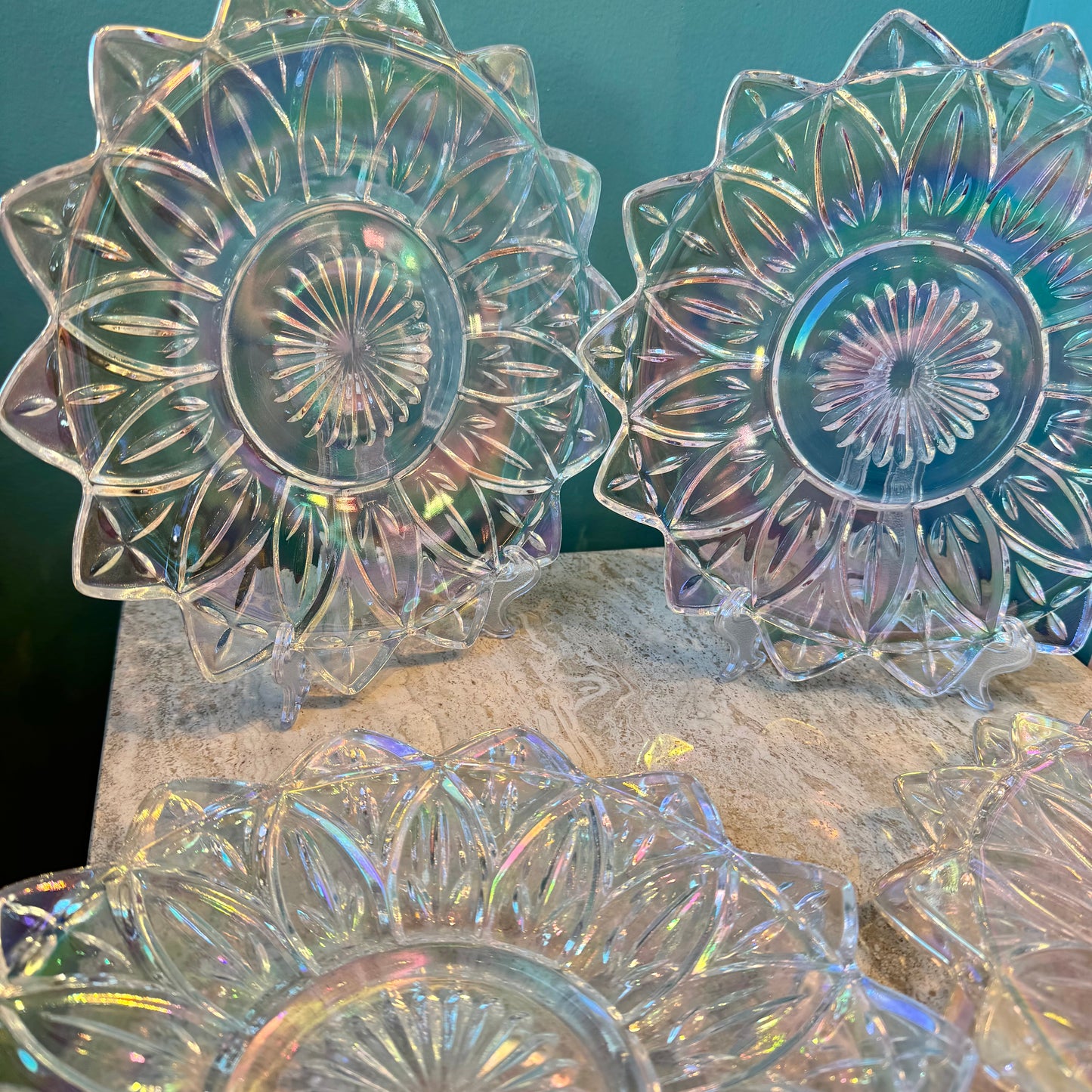 Set of 6 Iridescent Lotus Federal Glass Plates
