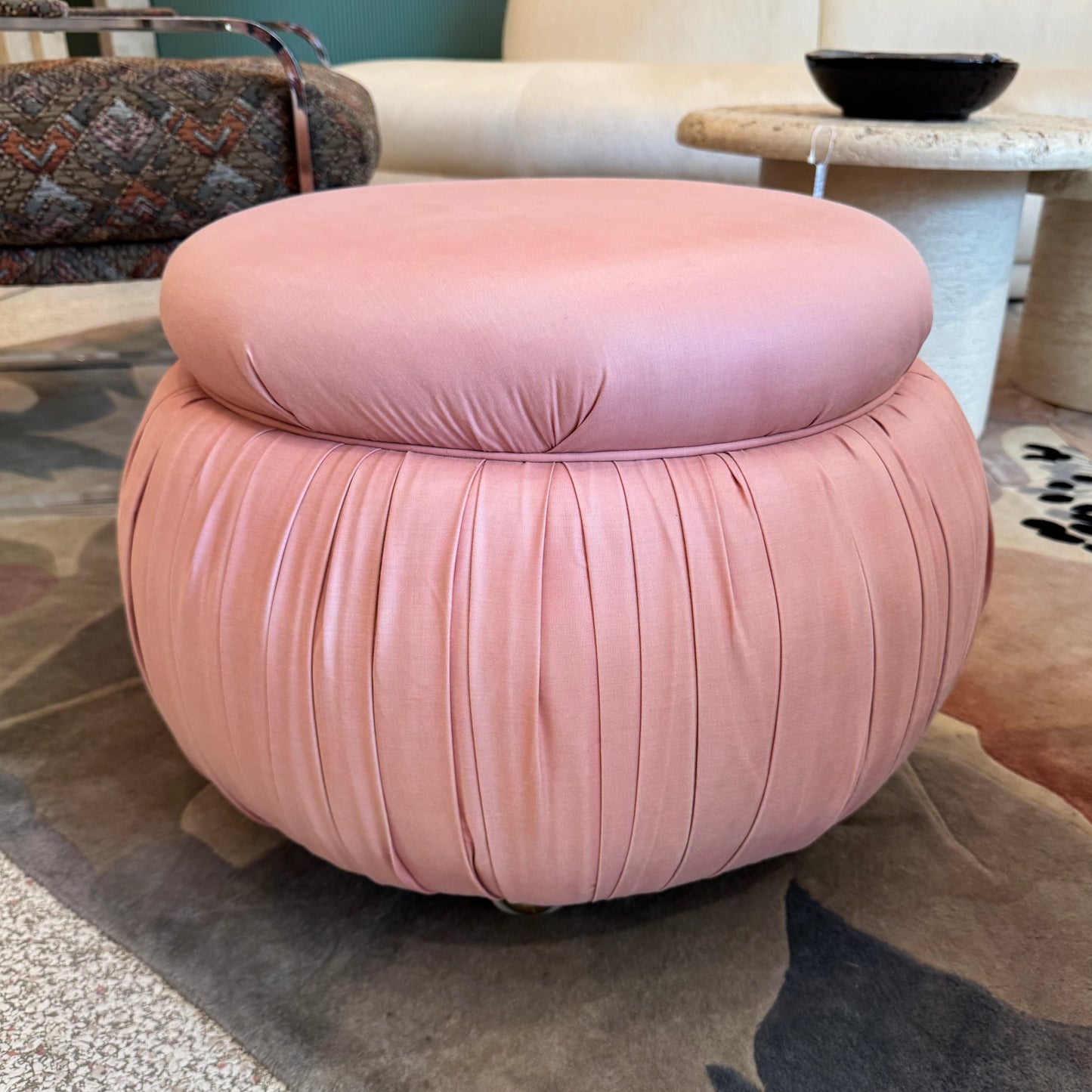 Vintage Pink Pouf Ottoman on Wheels