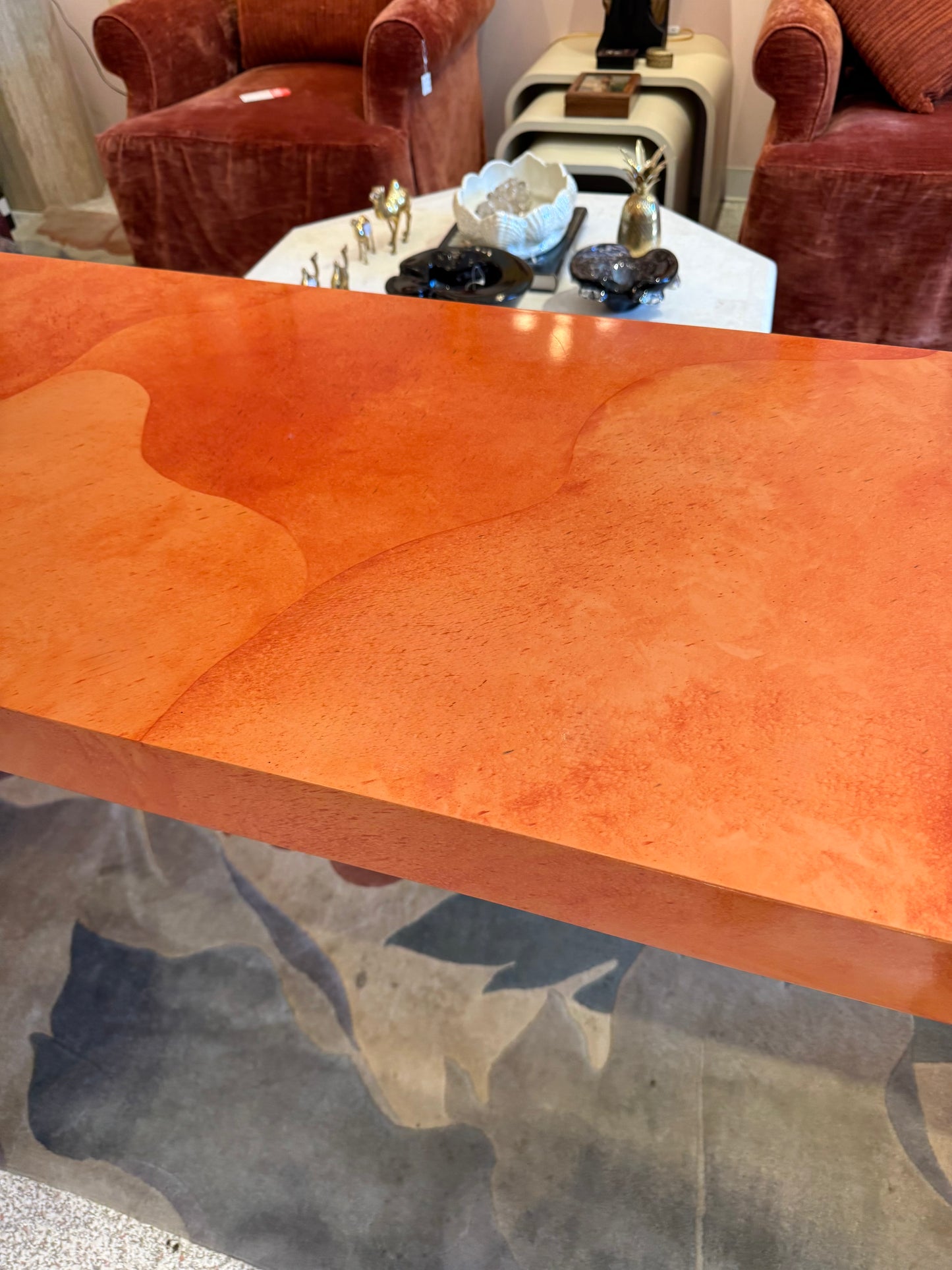 Vintage Postmodern Faux Goatskin Orange Lacquer Console Table
