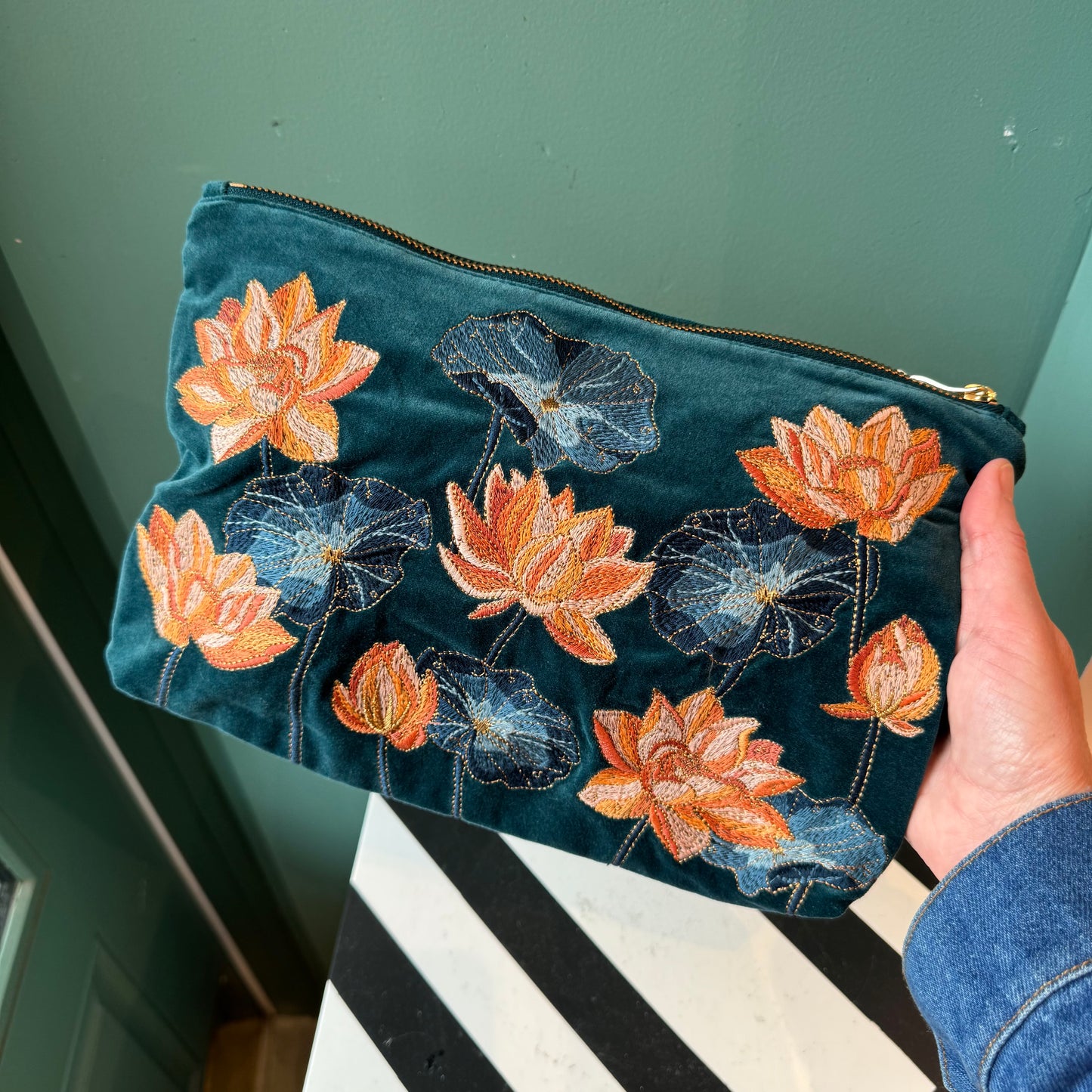 Lotus Rich Blue Velvet Large Everyday Pouch by Elizabeth Scarlett