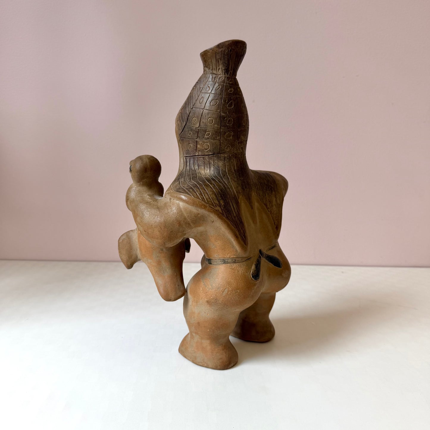 Vintage Mid-Century Aztec Style 'Warrior/Hunter Holding Bird' Clay Pottery Vase