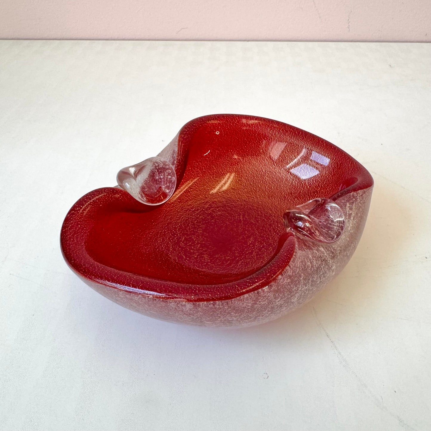 Vintage Pinch Edged Red Bullicante Glass Bowl with Gold Flecks
