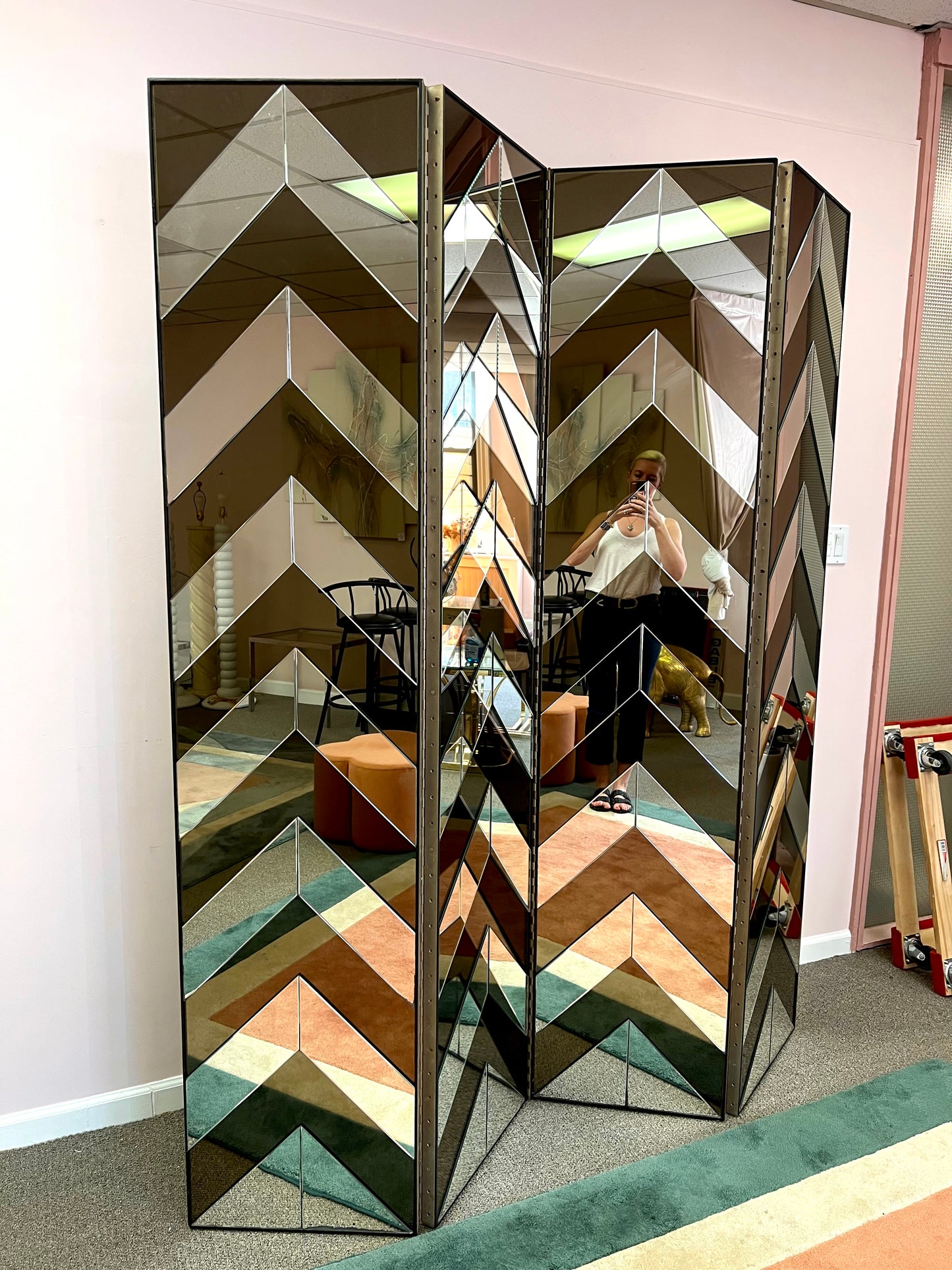 Vintage 4 Panel Chevron Mirrored Screen/Room Divider