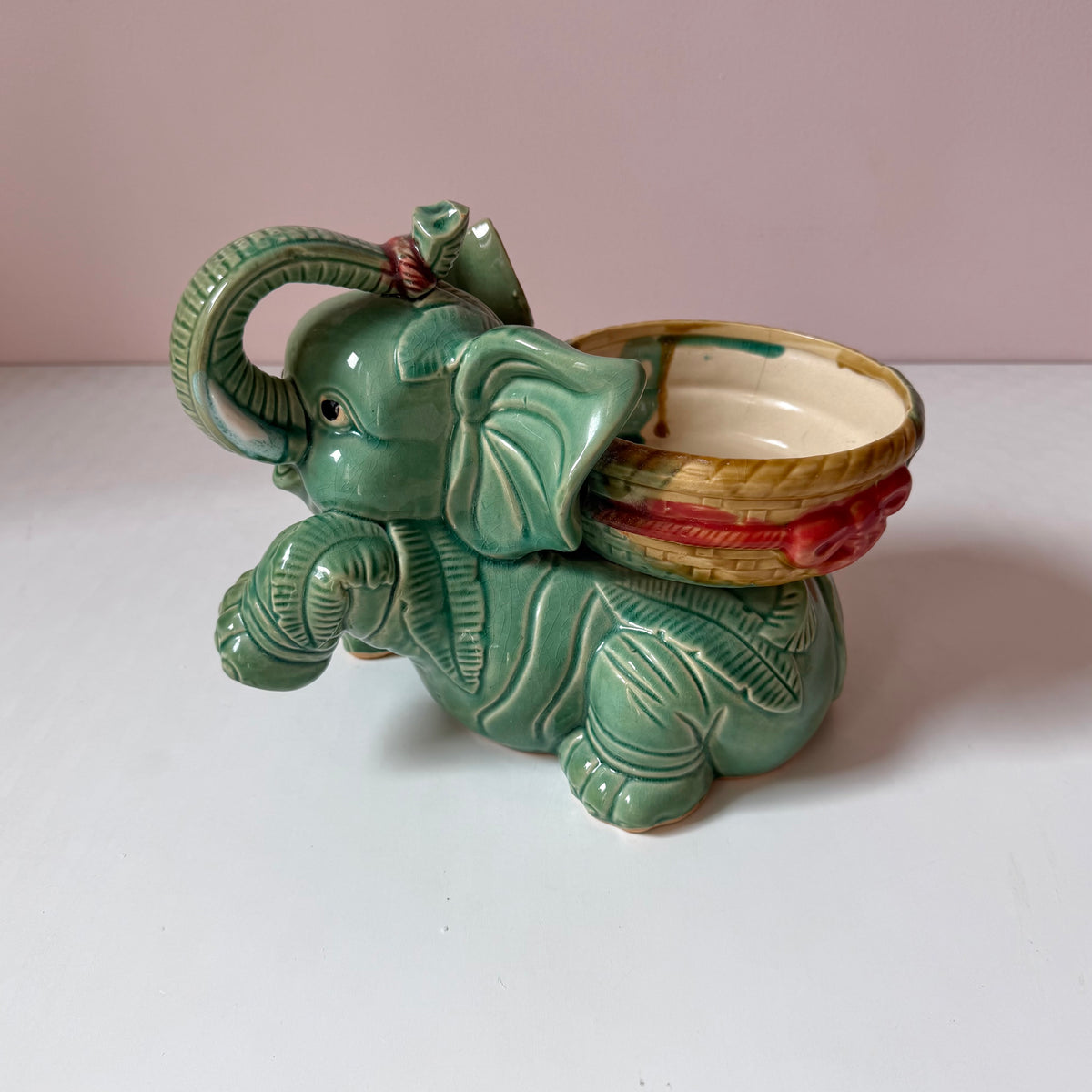Vintage Green Ceramic Elephant Planter