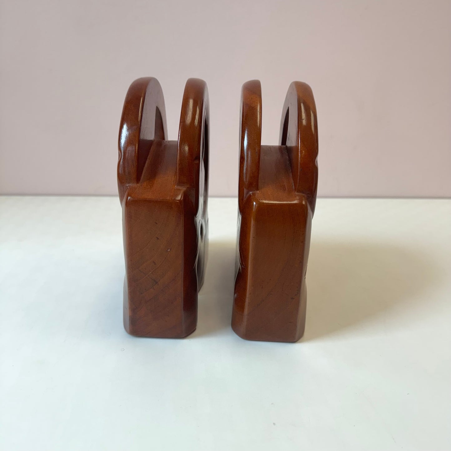 Vintage Mid-Century Pair of Solid Wood Ram Head Bookends